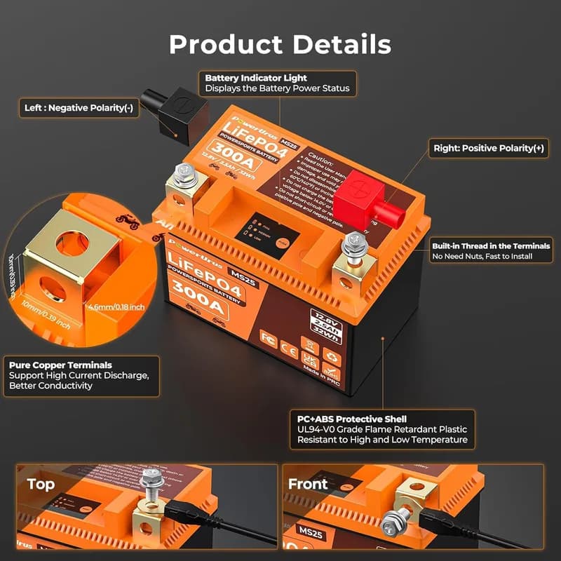 Batería de Litio PowerUrus LiFePO4 – 12.8V 2.5Ah y 300A de Arranque (YTX4L-BS) - Foto 8