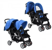 Carrito para dos bebés tandem azul y negro de acer