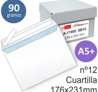 Sobres 176x231 cuartilla, a5+, 90 grs, blancos caj